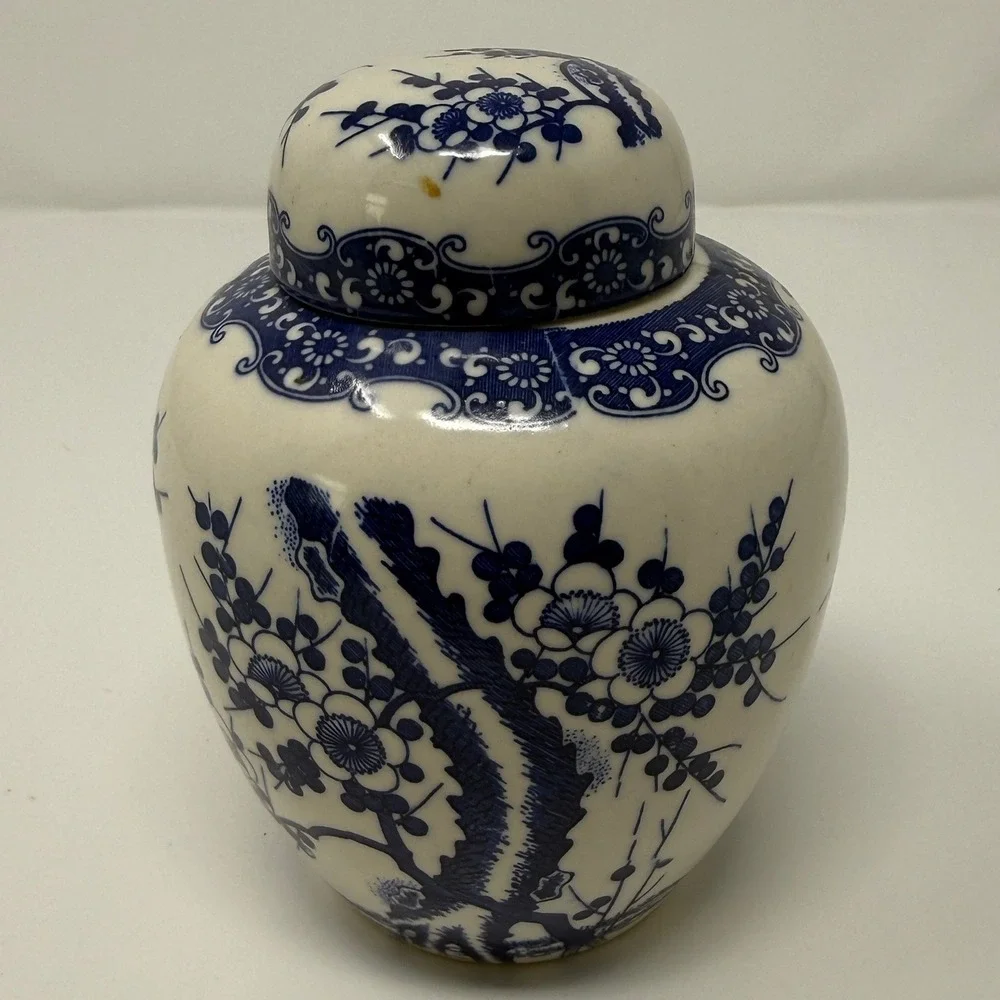 Vintage Japan Blue and White Ceramic Ginger Jar Floral Cherry Blossom 5 inches